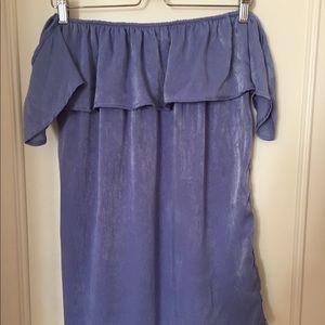 Blue silky off-shoulder cap sleeve dress